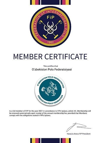 Oʻzbekiston Polo Federatsiyasining FIP aʼzolik sertifikati